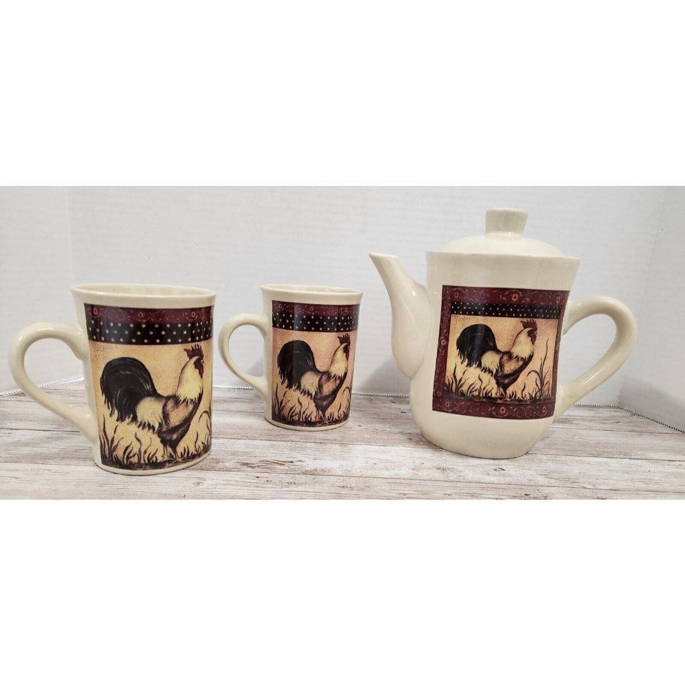 Bay Island Inc Rooster Tea Pot Lid 2 Coffee Cups Mug Farm Country Polka Dots
